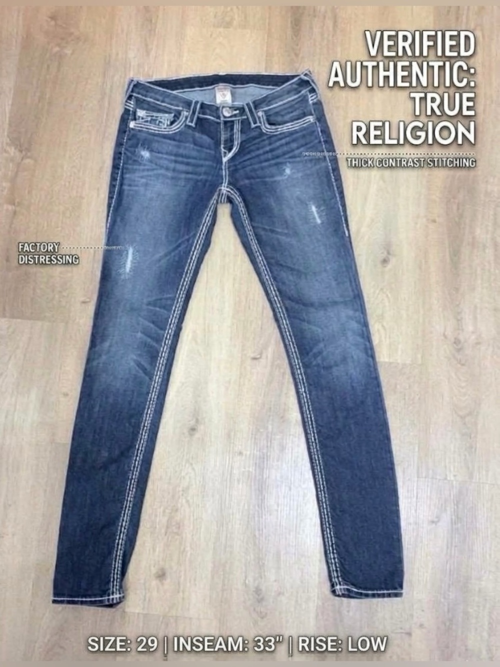 True Religion Women's Dark Indigo Skinny Jeans with White Contrast Stitching